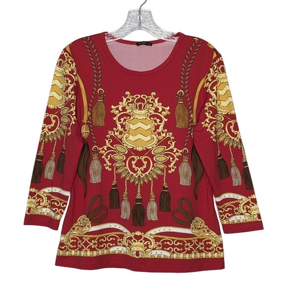 J McLaughlin red gold Medallion Tassel‎ Print Catalina cloth Top size M - Picture 10 of 10